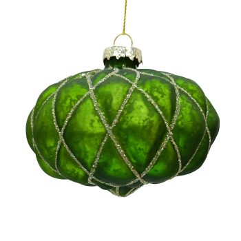 ORN GLASS ONION GRAAN 4" ANTIQUE GREEN GOLD GLITTER