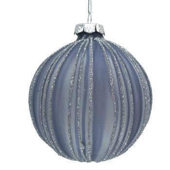 ORN GLASS BALL W/GROOVES 4" LIGHT BLUE W/FROST GLITTER
