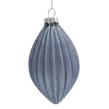 ORN GLASS OLIVE W/GROOVES 3"X5.5" LIGHT BLUE W/FROST GLITTER