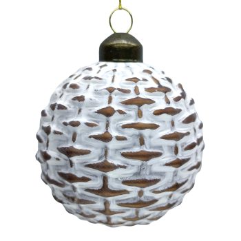 ORN GLASS BALL 3" WHITE/GOLD BASKET WEAVE PATTERN