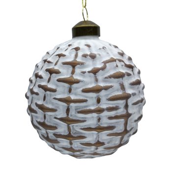 ORN GLASS BALL 4" WHITE/GOLD BASKET WEAVE PATTERN