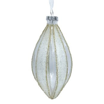 ORN GLASS OLIVE 2.5"X5" CLEAR/WHITE W/CHAMPAGNE/GLTR