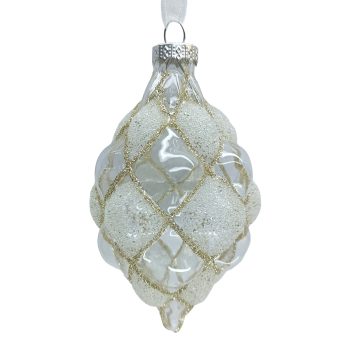 ORN GLASS OLIVE 3"X5" CLEAR/WHITE/W/CHAMPAGNE GLTR