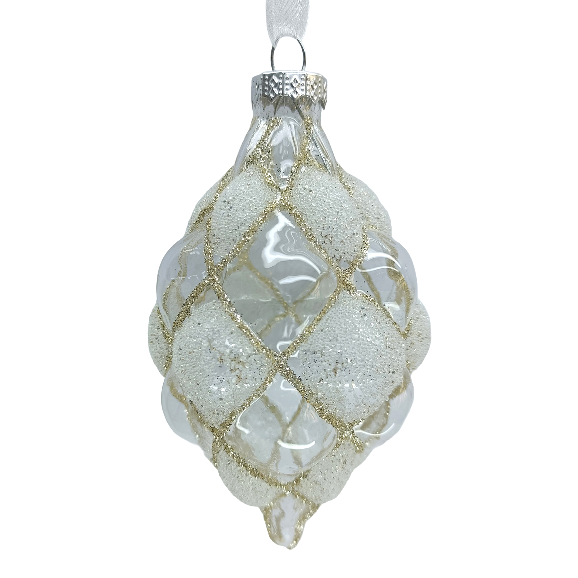 ORN GLASS OLIVE 5" CLEAR WHITE W/ CHAMPAGNE GLITTER DIAMOND GRID