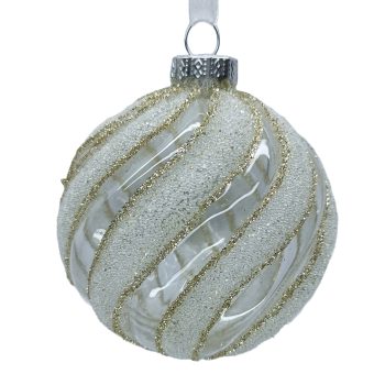ORN GLASS BALL SPIRAL 3" CLEAR/WHITE W/CHAMPAGNE GLTR
