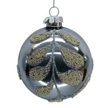 ORN GLASS BALL 3" BLUE CHAMPAGNE GLITR. LEAF