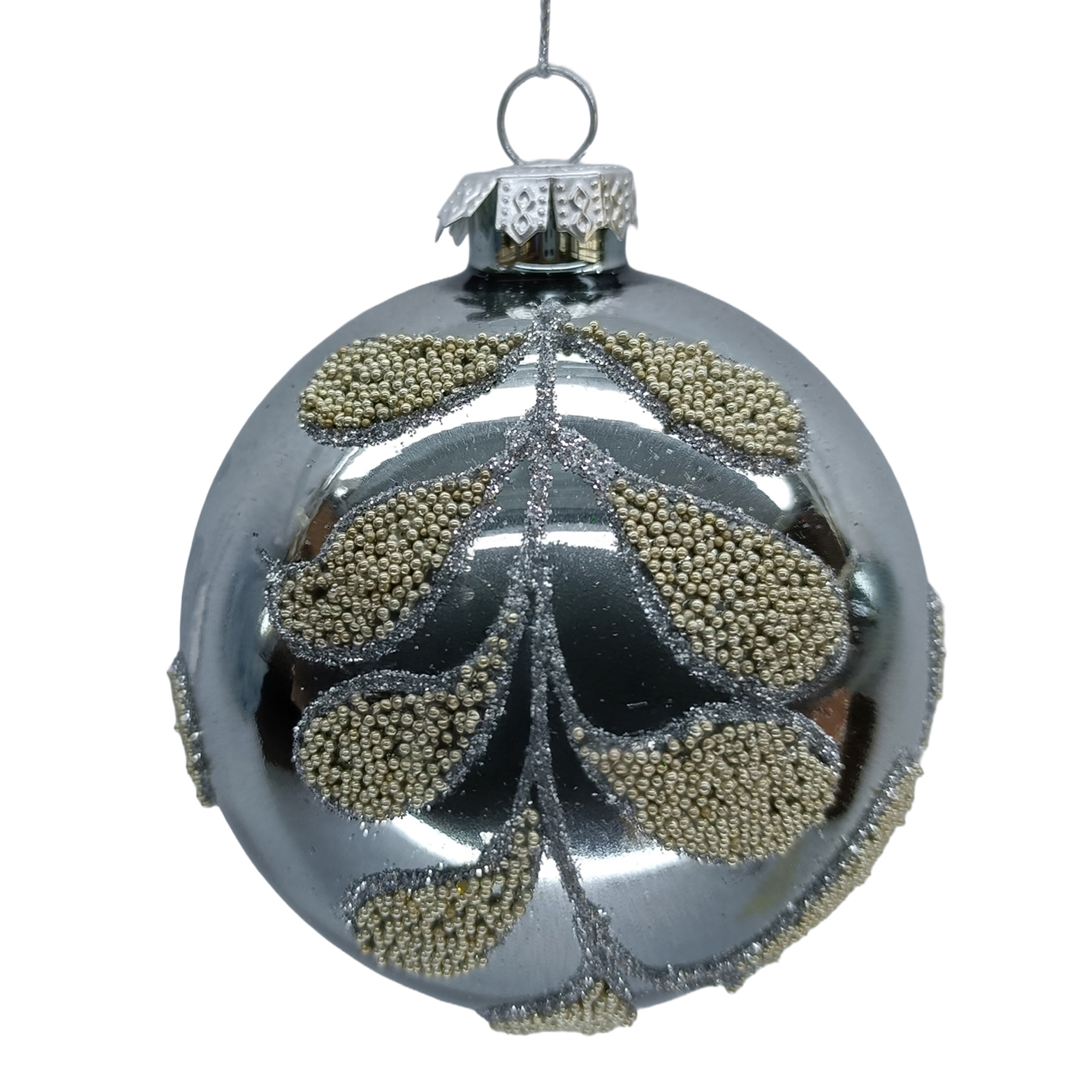 ORN GLASS BALL 3" BLUE CHAMPAGNE GLITR. LEAF