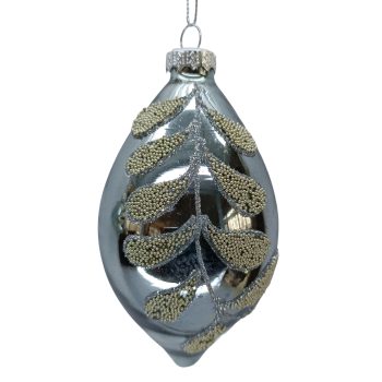 ORN GLASS OLIVE 3"X5.5" BLUE CHAMPAGNE GLITR LEAF