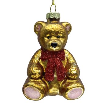 ORN GLASS BEAR 2.5"X2"X3.5" BROWN W/RED BOW