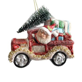 ORN GLASS SANTA/CAR 4"X3" MULTI COLOR
