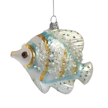 ORN GLASS FISH 5"X4" WHITE/AQUA
