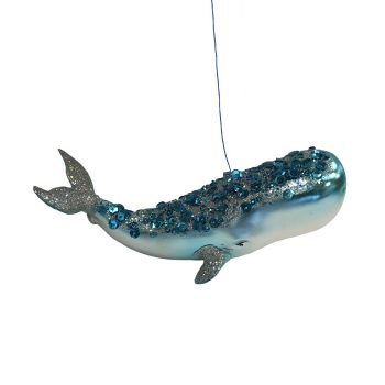 ORN GLASS WHALE 5"X3" BLUE/WHITE