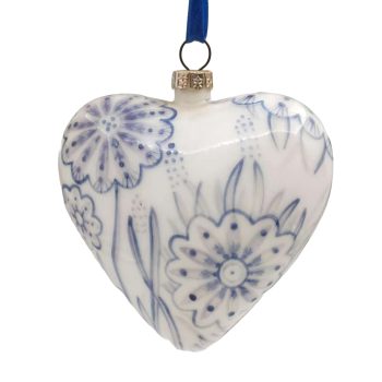ORN GLASS PORCELAIN HEART 4"X4" BLUE/WHITE