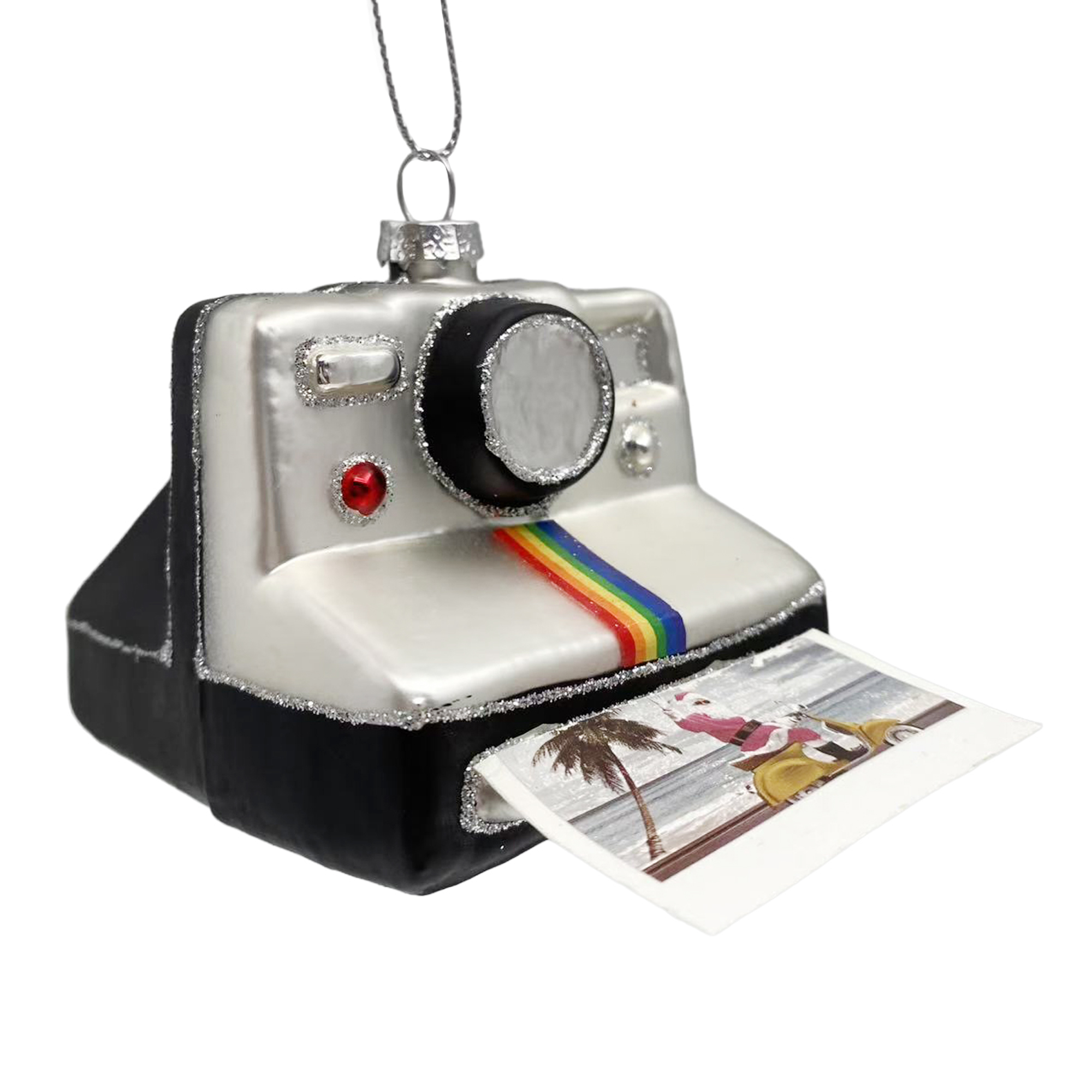 ORN GLASS POLAROID 4"X3" BLACK/SILVER CAMERA W/ PHOTO