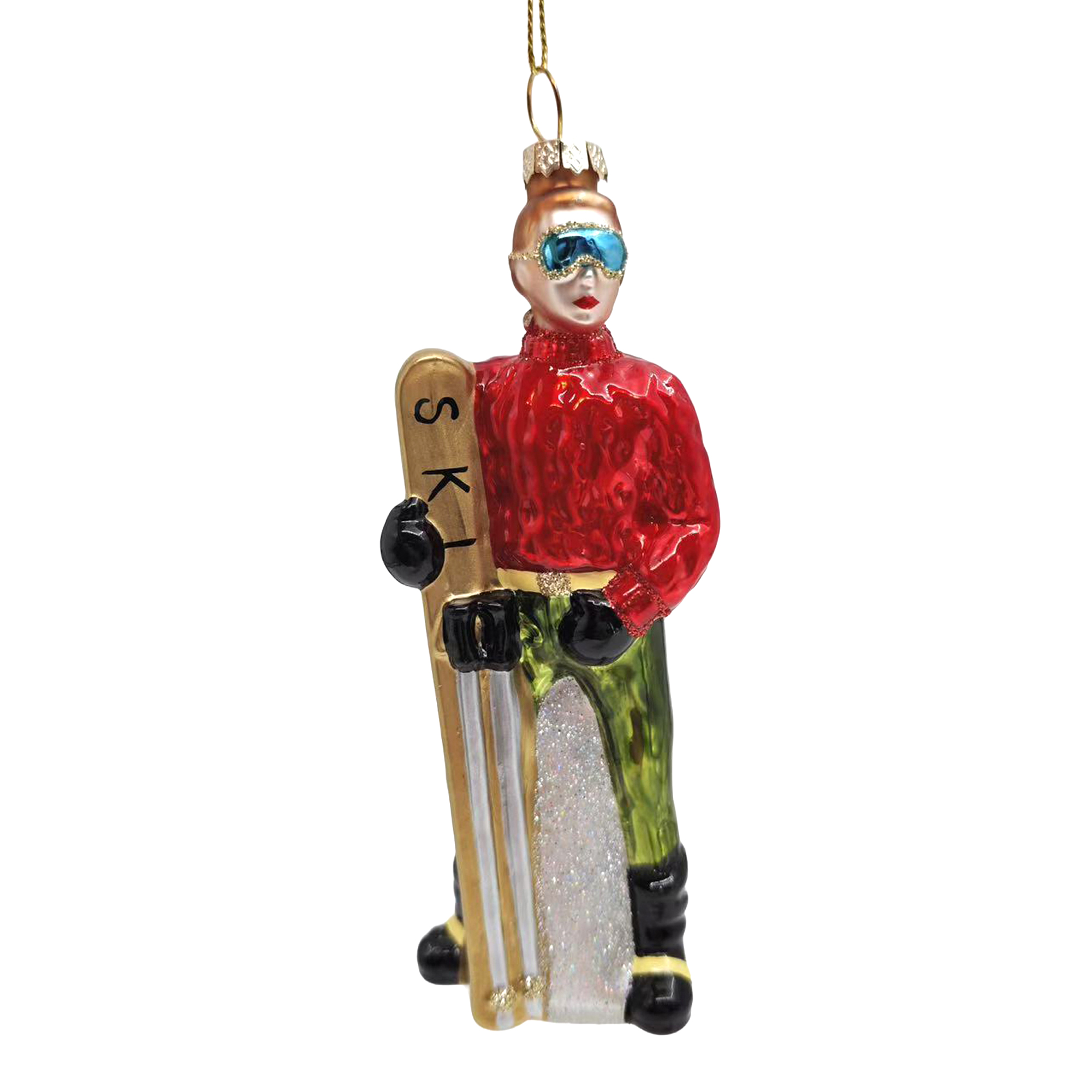 ORN GLASS SKIER 2"X6" RED/SILVER ACTION SKIER ON SLOPES