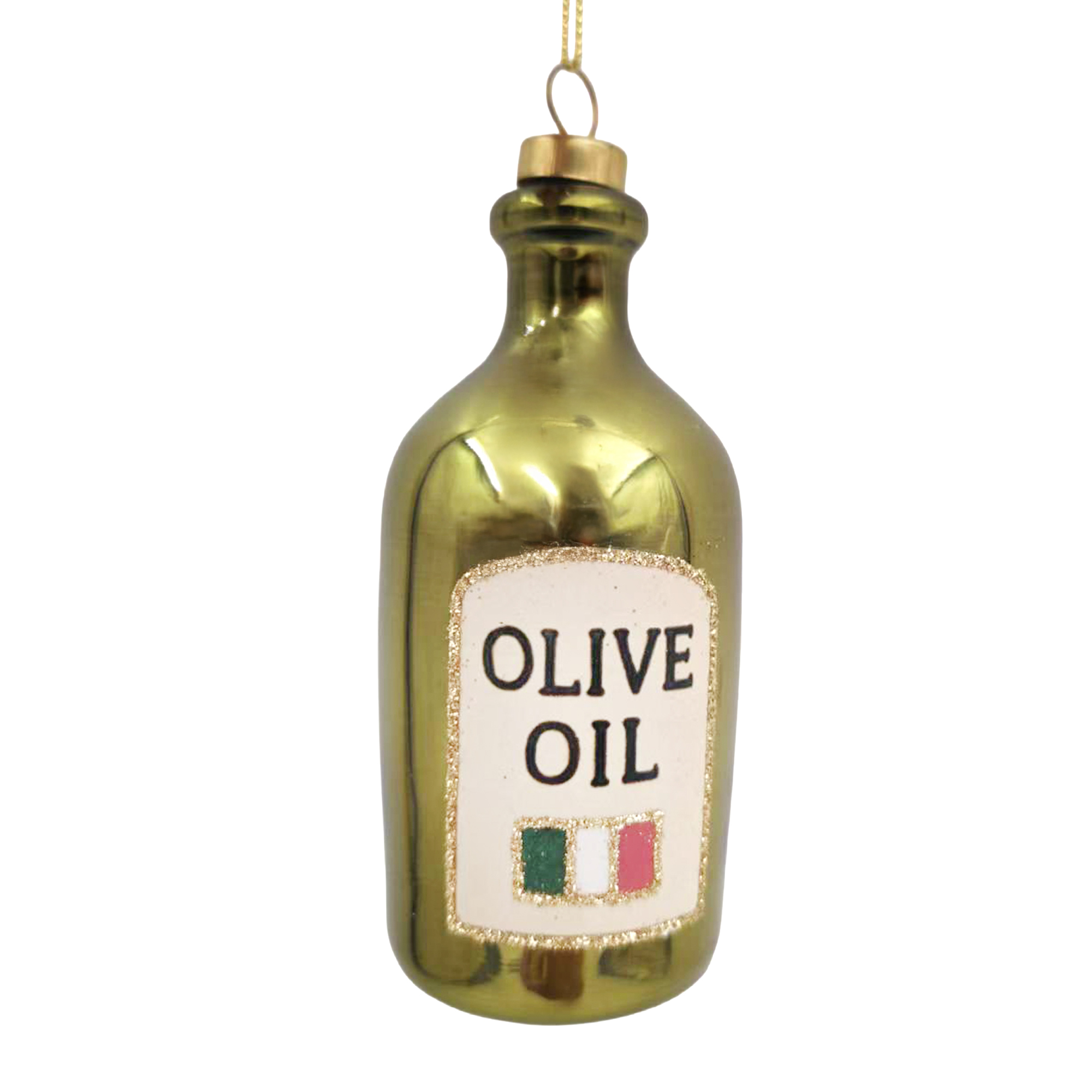 ORN GLASS OLIVE OIL BOTTLE 2"X5" GREEN/GOLD EXTRA VIRGIN OIL