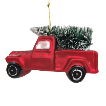 ORN GLASS RED TRUCK W/TREE 5"X3" RED/GREEN