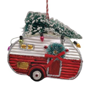 ORN GLASS CAMPER/TRAILER W/TREE 4"X4" RED/GREEN/SILVER
