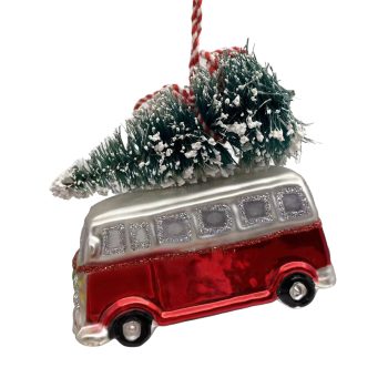 ORN GLASS CAMPER VAN W/TREE 3"X3" RED/GREEN/SILVER