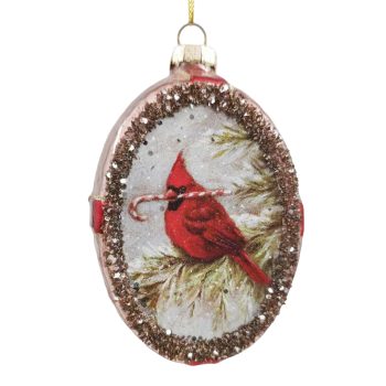 ORN GLASS OVAL W/CARDINAL 3"X4" BIRD RED