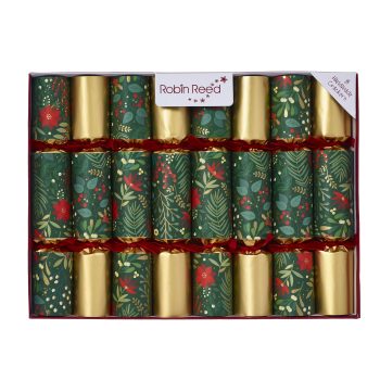 CHRISTMAS CRACKERS GOLD GREEN 8PC X 10" GREEN FLORAL W/NOVELTY GIFT