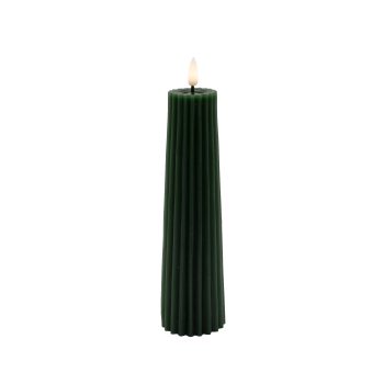 CANDLE DK. GREEN 2.5"X8.5"LED  WARM WHT. FLICKERING, CONCAVE TOP MELTING EFFECT CONE SHAPE STRIPE FINISH B/O 2AA W/TIMER