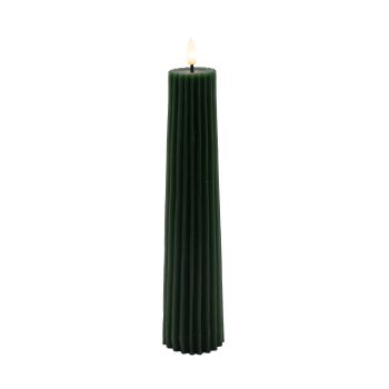 CANDLE DK. GREEN 2.5"X10"LED  WARM WHT. FLICKERING, CONCAVE TOP MELTING EFFECT CONE SHAPE STRIPE FINISH B/O 2AA W/TIMER