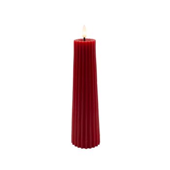 CANDLE DK. RED 2.5"X8.5"LED  WARM WHT. FLICKERING, CONCAVE TOP MELTING EFFECT CONE SHAPE STRIPE FINISH B/O 2AA W/TIMER