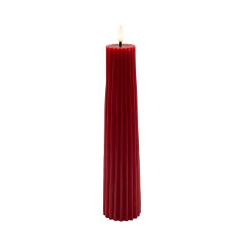 CANDLE DK. RED 2.5"X10"LED  WARM WHT. FLICKERING, CONCAVE TOP MELTING EFFECT CONE SHAPE STRIPE FINISH B/O 2AA W/TIMER