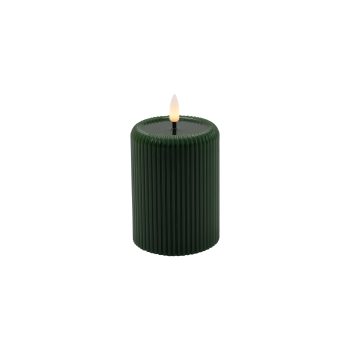 CANDLE DK. GREEN 3"X4"LED  WARM WHT. FLICKERING, CONCAVE TOP MELTING EFFECT STRIPE FINISH B/O 2AA W/TIMER