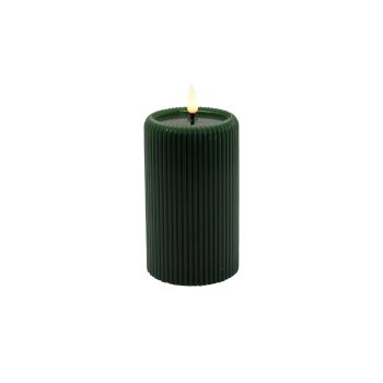 CANDLE DK. GREEN 3"X5"LED  WARM WHT. FLICKERING, CONCAVE TOP MELTING EFFECT STRIPE FINISH B/O 2AA W/TIMER