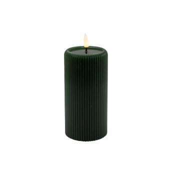 CANDLE DK. GREEN 3"X6"LED  WARM WHT. FLICKERING, CONCAVE TOP MELTING EFFECT STRIPE FINISH B/O 2AA W/TIMER