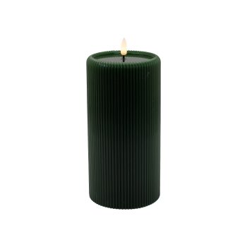CANDLE DK. GREEN 4"X8"LED  WARM WHT. FLICKERING, CONCAVE TOP MELTING EFFECT STRIPE FINISH B/O 2AA W/TIMER