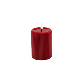 CANDLE DK. RED 3"X4"LED  WARM WHT. FLICKERING, CONCAVE TOP MELTING EFFECT STRIPE FINISH B/O 2AA W/TIMER