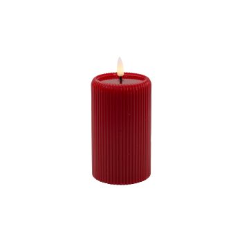 CANDLE DK. RED 3"X5"LED  WARM WHT. FLICKERING, CONCAVE TOP MELTING EFFECT STRIPE FINISH B/O 2AA W/TIMER
