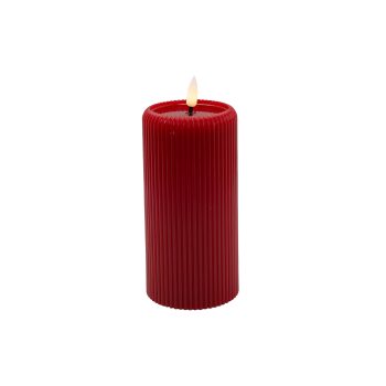 CANDLE DK. RED 3"X6"LED  WARM WHT. FLICKERING, CONCAVE TOP MELTING EFFECT STRIPE FINISH B/O 2AA W/TIMER