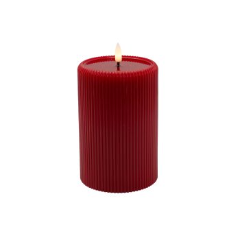 CANDLE DK. RED 4"X6"LED  WARM WHT. FLICKERING, CONCAVE TOP MELTING EFFECT STRIPE FINISH B/O 2AA W/TIMER