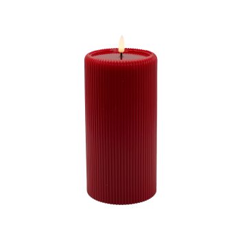 CANDLE DK. RED 4"X8"LED  WARM WHT. FLICKERING, CONCAVE TOP MELTING EFFECT STRIPE FINISH B/O 2AA W/TIMER