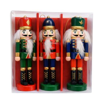 NUTCRACKER WOODEN 5" SOLDIER ORNAMENT SET OF 3 IN RED, GREEN & BLUE UNIFORMS
