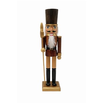 NUTCRACKER WOODEN 15" SOLDIER NATURAL WOOD TALL HAT & SPEAR