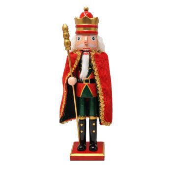 NUTCRACKER WOODEN 12" KING GREEN RED VELVET CAPE & GOLD STAFF