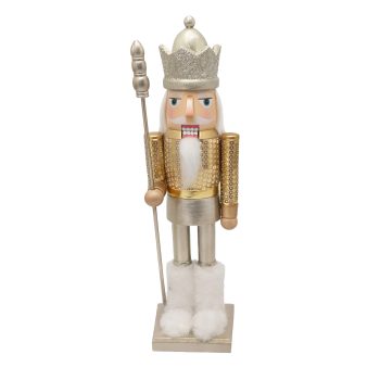 NUTCRACKER WOODEN 15" KING GOLD SEQUIN FUR BOOTS & STAFF