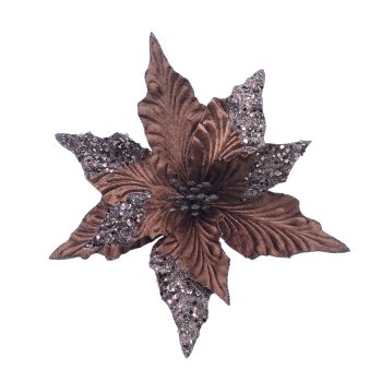 POINSETTIA HEAD VELVET 11" BROWN W/CLIP/GLITTER