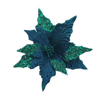 POINSETTIA HEAD VELVET 11" DARK GREEN W/CLIP/GLITTER