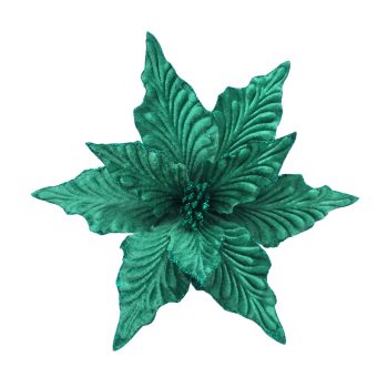 POINSETTIA HEAD VELVET 11" GREEN W/CLIP/GLITTER
