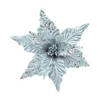 POINSETTIA HEAD VELVET 11" SILVER W/CLIP/GLITTER