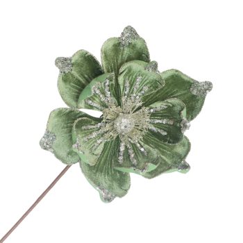 MAGNOLIA STEM FROSTED VELVET 20"X9" SAGE W/ICE GLITTER