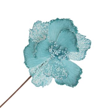 MAGNOLIA STEM VELVET 20"X8" SEA BLUE W/ BEAD, GLITTER AND MESH