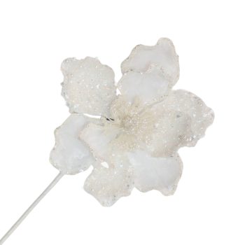 MAGNOLIA STEM VELVET 20"X8" WHITE W/GLITTER