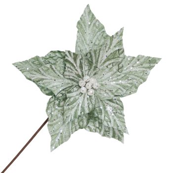 POINSETTIA STEM FROSTED VELVET 20"X11" SAGE W/ICE GLITTER